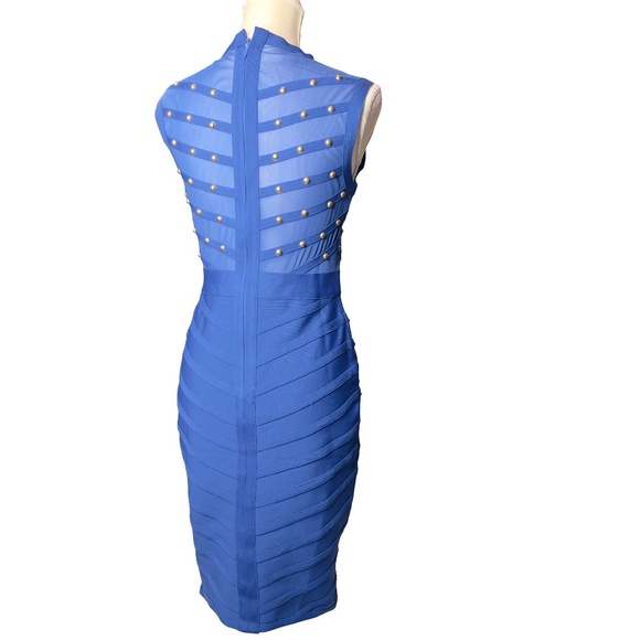 # A234  FT INC  Blue Studded Bodycon Dress Sheer Mesh Cocktail Chic  NWT M - Picture 7 of 8